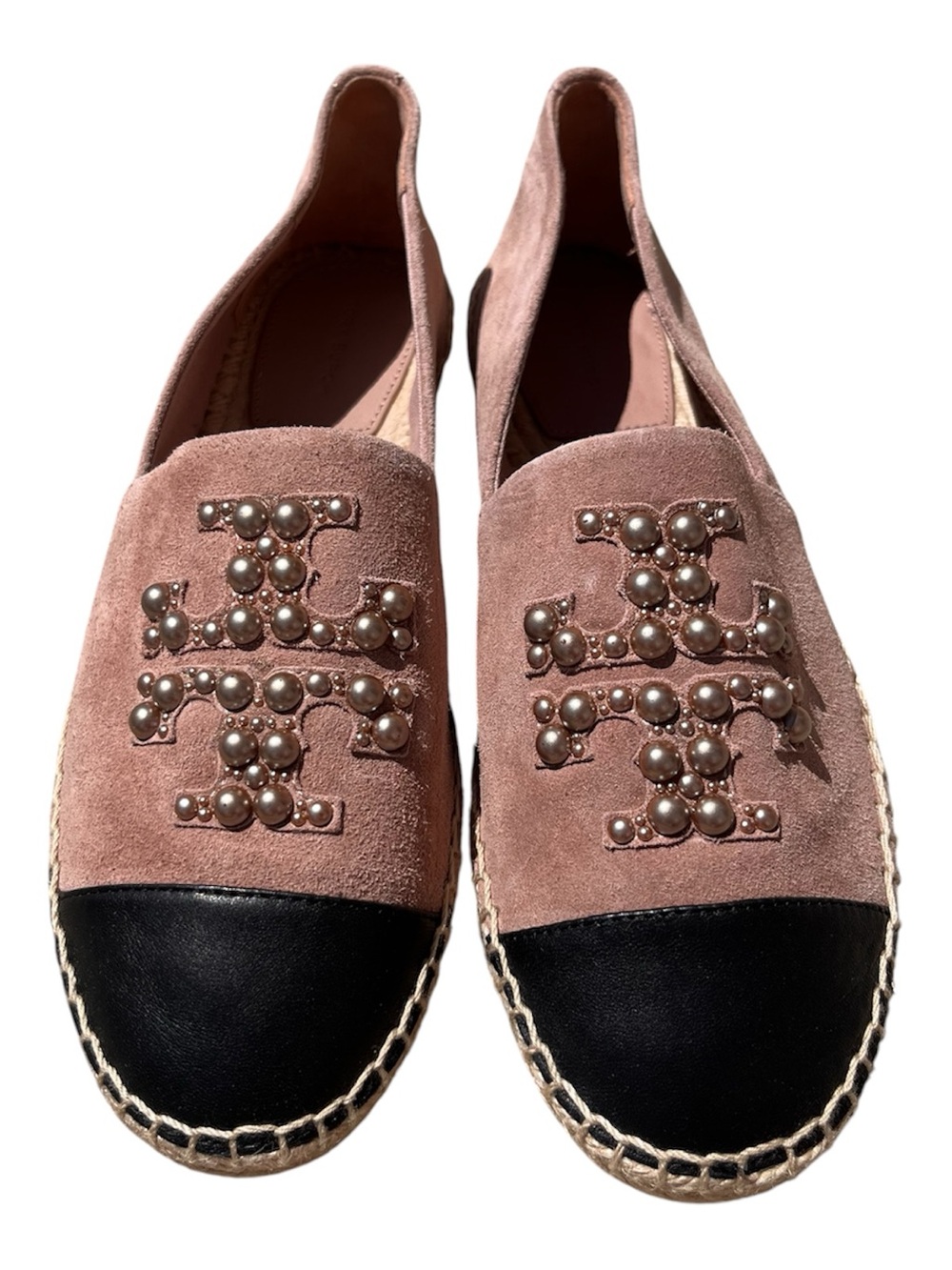 Tory Burch Women’s Pearl Logo Flat Espadrille Shoe Suede Blush Pink Size 9.5